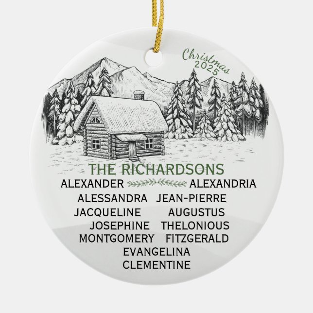 Snowy Mountain Winter Log Cabin X12 Ceramic Tree Decoration (Front)