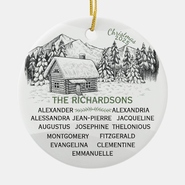 Snowy Mountain Winter Log Cabin X13 Ceramic Tree Decoration (Front)