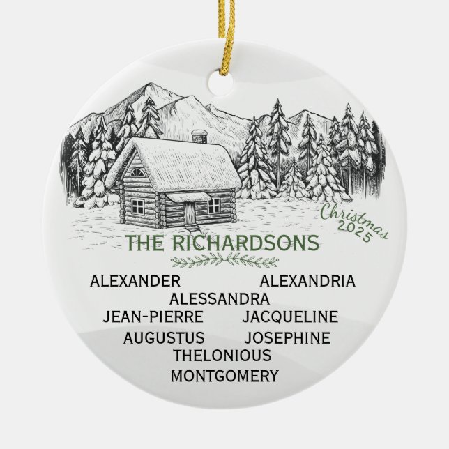 Snowy Mountain Winter Log Cabin X9 Ceramic Tree Decoration (Front)