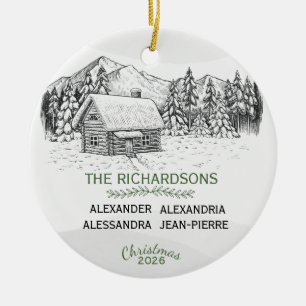 Snowy Mountain Winter Log Cabin X 4 Ceramic Tree Decoration