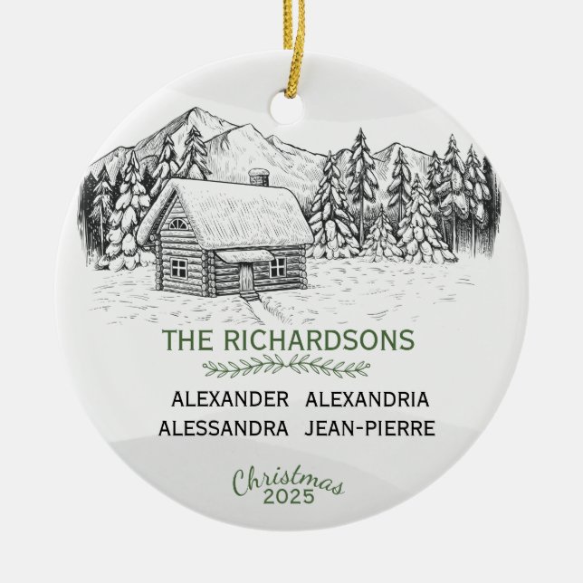 Snowy Mountain Winter Log Cabin X 4 Ceramic Tree Decoration (Front)