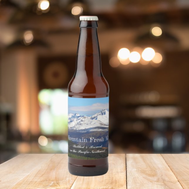 Snowy Mountains Landscape Personalised Beer Bottle Label (In Situ)