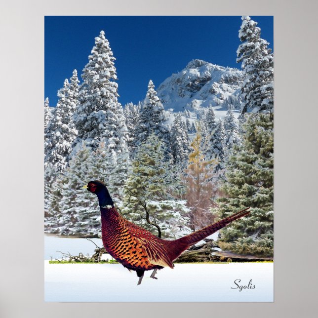 Snowy Mountains with Pheasant Semi Gloss Poster (Front)