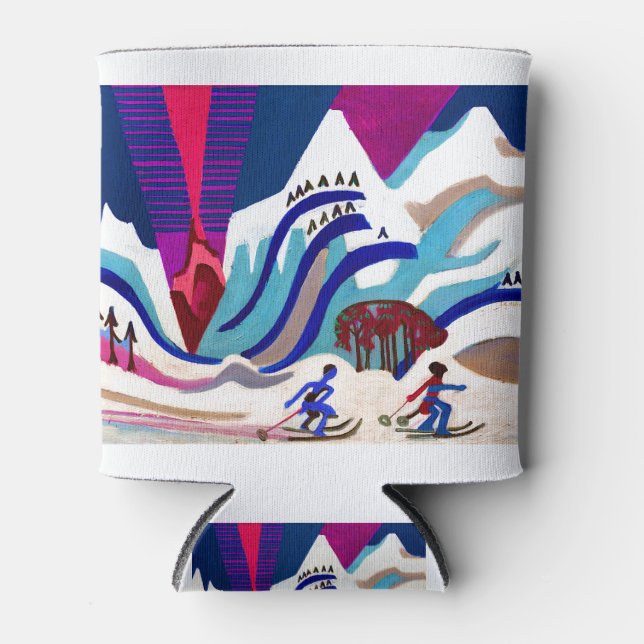Snowy Mountains with Skiers Can Cooler (Front)
