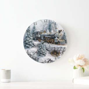 Snowy mountains with steam train AI art Large Clock