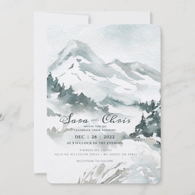 Snowy Moutain Watercolor Invitation (Front)