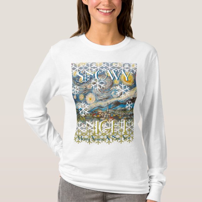 Snowy Night Fine Art Ugly Christmas Pattern T-Shirt (Front)