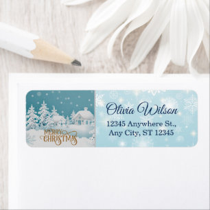 Snowy Night Gold Merry Christmas Return Address