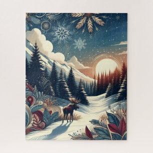Snowy Night Moose Forest Mountains Boho Pattern Jigsaw Puzzle