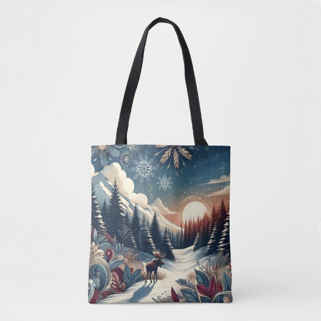 Snowy Night Moose Forest Mountains Boho Pattern Tote Bag (Front)