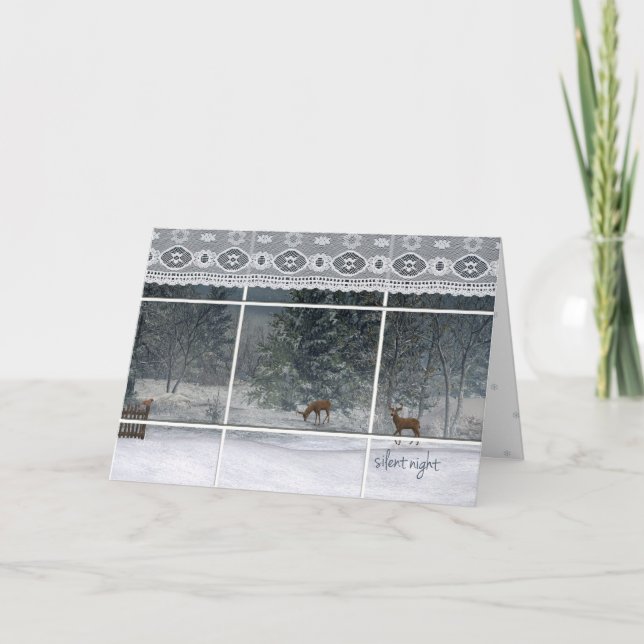 snowy night trees and deer looking through window holiday card (Front)