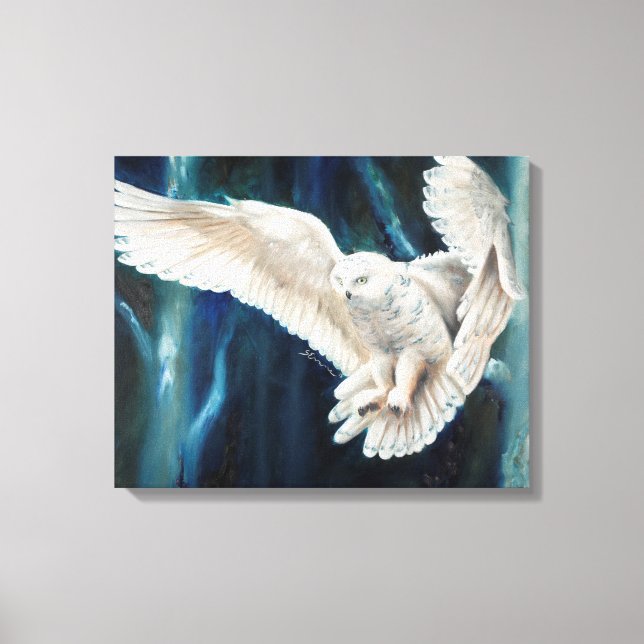 Snowy Nightfall - snowy owl flying through birch Canvas Print (Front)
