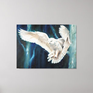 Snowy Nightfall - snowy owl flying through birch Canvas Print