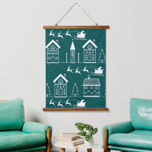 Snowy Nordic Christmas Village Hanging Tapestry