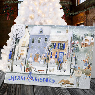Snowy Nordic Village Houses Busy Christmas Winter Holiday Card