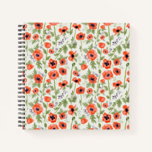 Snowy Orange Red Poppy Watercolor Flowers Notebook