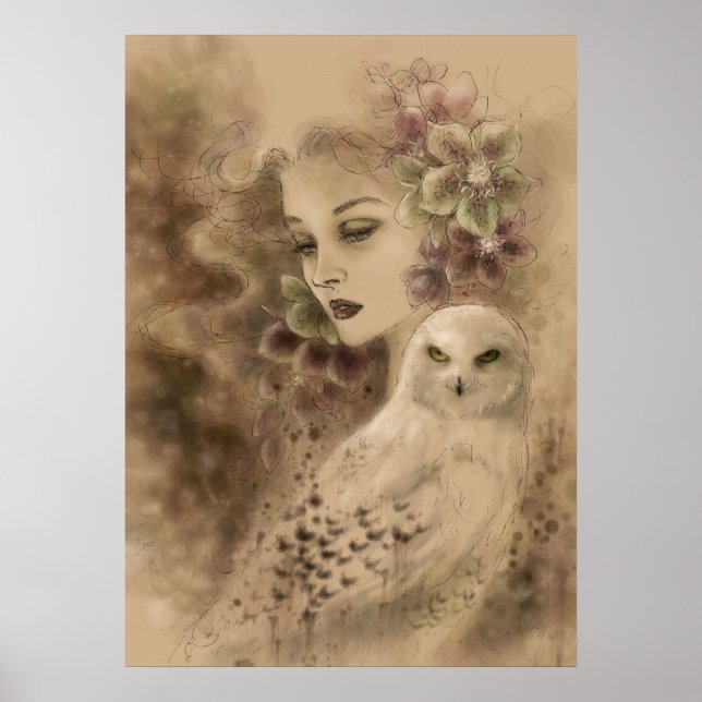 Snowy Owl and Christmas Rose Fantasy Art Poster (Front)