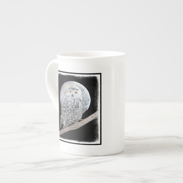 Snowy Owl and Moon Painting - Original Bird Art Bone China Mug (Front Left)