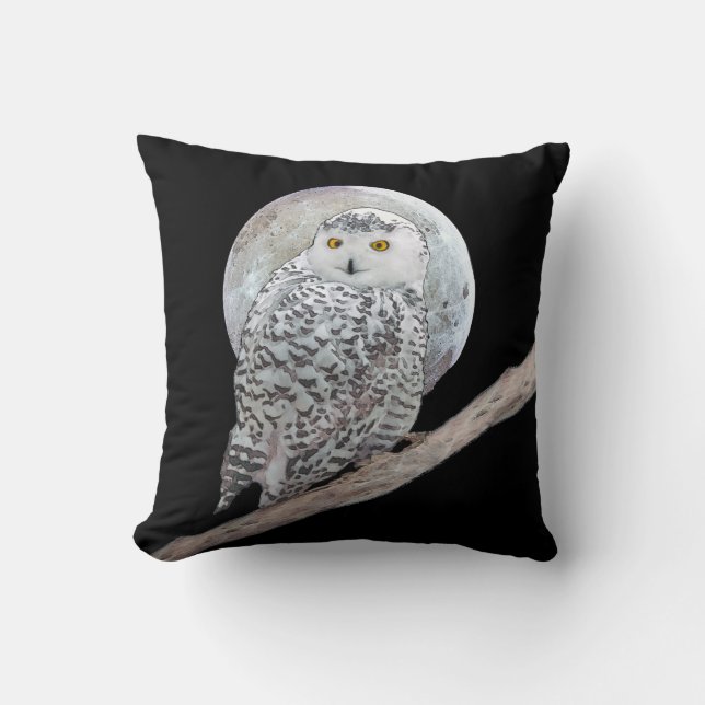 Snowy Owl and Moon Painting - Original Bird Art Cushion (Front)