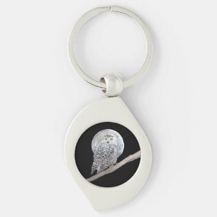 Snowy Owl and Moon Painting - Original Bird Art Key Ring
