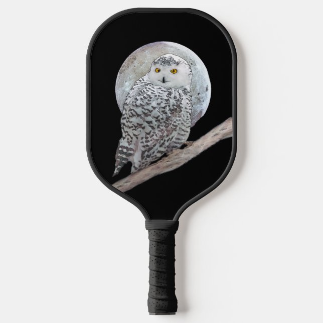 Snowy Owl and Moon Painting - Original Bird Art Pickleball Paddle (Front)