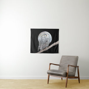 Snowy Owl and Moon Painting - Original Bird Art Tapestry