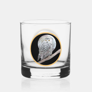 Snowy Owl and Moon Painting - Original Bird Art Whiskey Glass