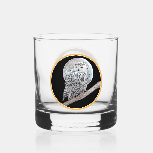 Snowy Owl and Moon Painting - Original Bird Art Whiskey Glass (Front)