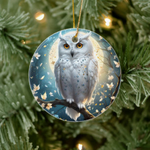 Snowy Owl And Moon With Sparkle, Ceramic Tree Decoration