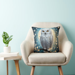 Snowy Owl And Moon With Sparkle, Cushion