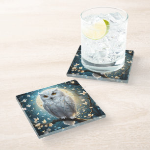 Snowy Owl And Moon With Sparkle, Glass Coaster