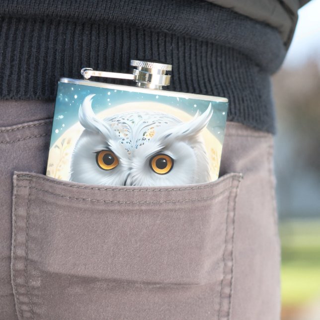 Snowy Owl And Moon With Sparkle, Hip Flask (In Situ)