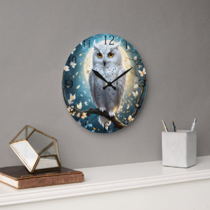 Snowy Owl And Moon With Sparkle, Large Clock