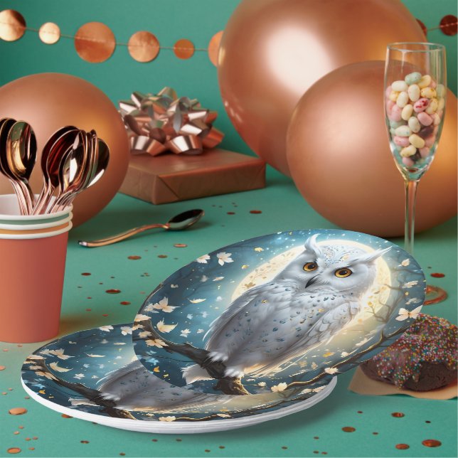 Snowy Owl And Moon With Sparkle, Paper Plate (Multi)