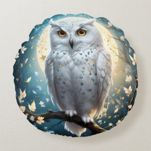 Snowy Owl And Moon With Sparkle, Round Cushion