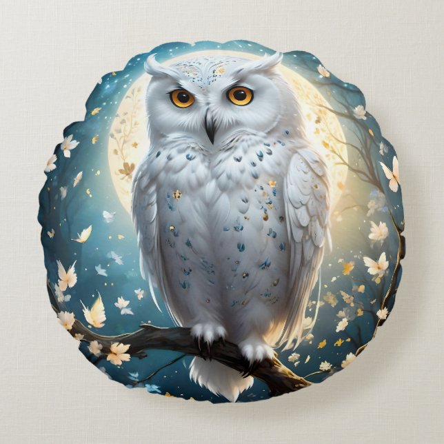 Snowy Owl And Moon With Sparkle, Round Cushion (Front)