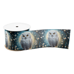 Snowy Owl And Moon With Sparkle, Satin Ribbon