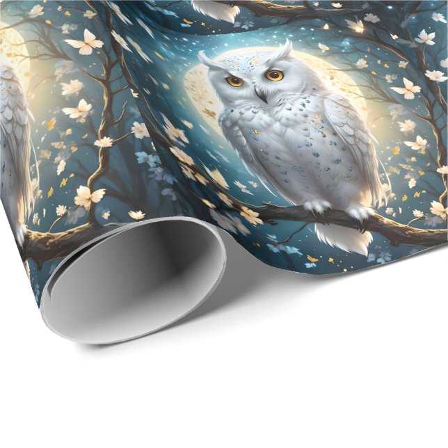 Snowy Owl And Moon With Sparkle, Wrapping Paper (Roll Corner)