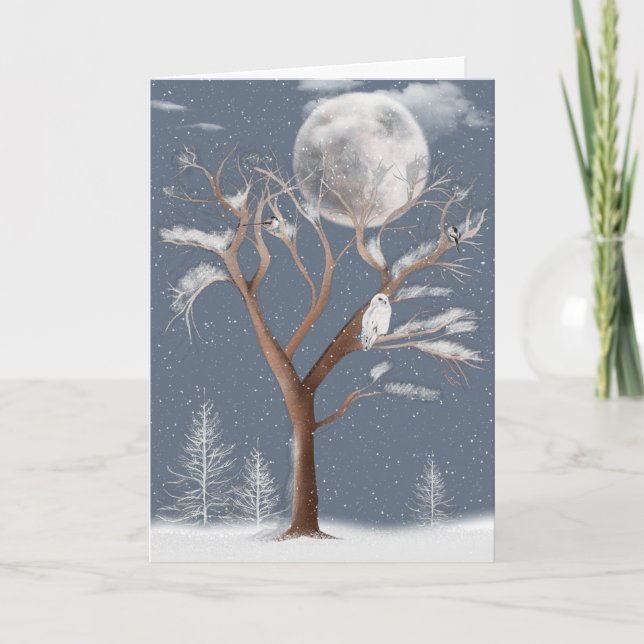 Snowy Owl and Winter Moon Holiday Card (Front)