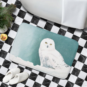 Snowy Owl Arctic Winter Sky Snow Teal Bath Mat