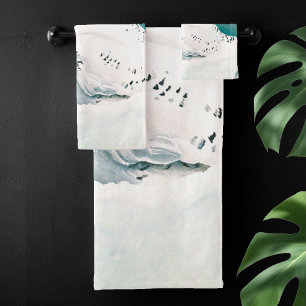 Snowy Owl Arctic Winter Sky Snow Teal Bath Towel Set