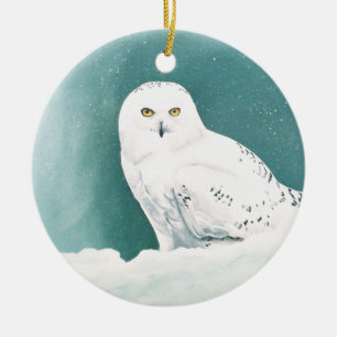 Snowy Owl Arctic Winter Sky Snow Teal Ceramic Tree Decoration