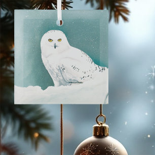 Snowy Owl Arctic Winter Sky Snow Teal Glass Tree Decoration