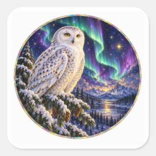 Snowy Owl Beneath the Winter Aurora Square Sticker