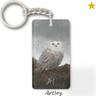Snowy Owl Bird Painting Custom Name Birder Key Ring