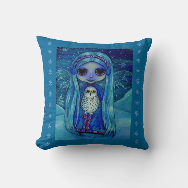 Snowy Owl Fairy Winter Wonderland Big Eyes Cute Cushion (Front)