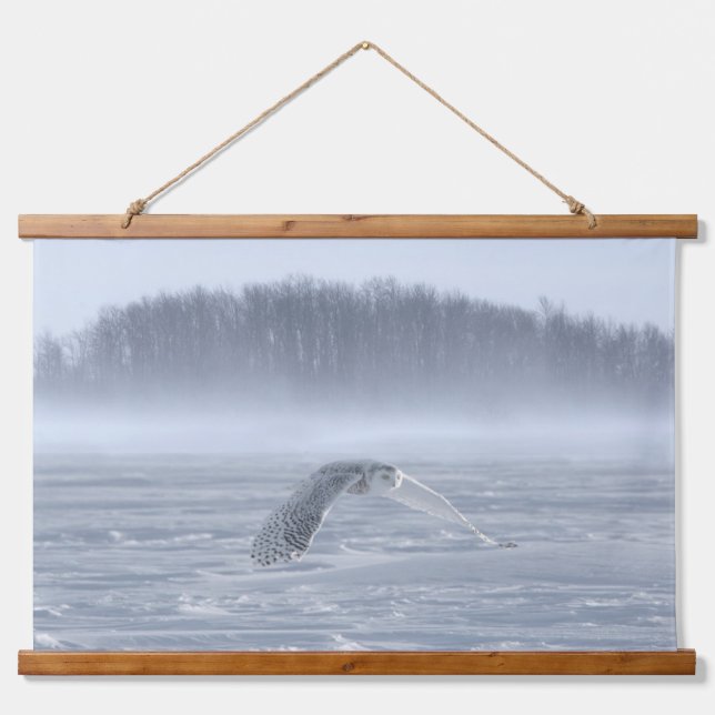 Snowy Owl Flying In Winter Hanging Tapestry (Front)