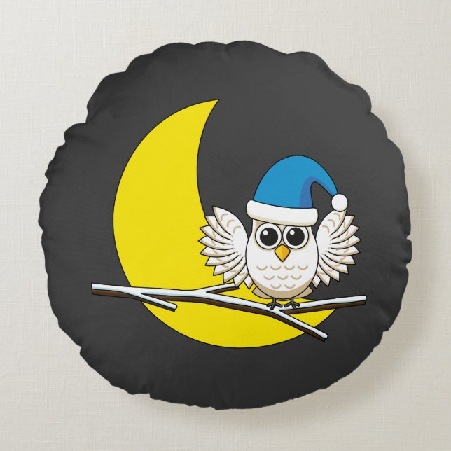 Snowy Owl in a New Moon Winter Night Round Cushion (Front)