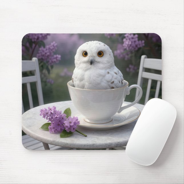 Snowy Owl in a Teacup with Lilacs Mouse Pad (With Mouse)