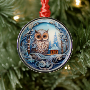 Snowy Owl in a Winter Wonderland, Christmas Metal Tree Decoration